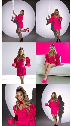 a collage of photos showing the different poses of a woman in pink dress and heels