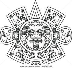 an image of a mexican mask with symbols in the center and two faces on each side