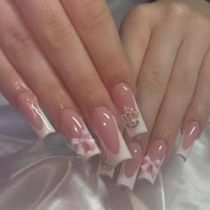 Nails White French, Press On Nails White, Quince Nails, Quinceanera Nails, Square Press On Nails, Crown Charm, French Manicure Nails, Girly Acrylic Nails, Nails White