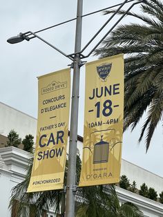 two yellow signs hanging from a pole next to a palm tree and white building in the background