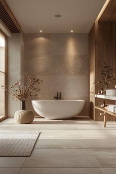 a bathroom with a large bathtub next to a sink