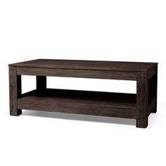 the coffee table is made from wood and has two shelves on each side, with one shelf below it