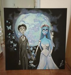 a painting of a bride and groom in front of a full moon with butterflies on it