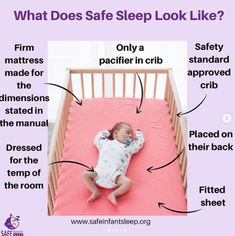 a baby laying in a crib with the words what does safe sleep look like?