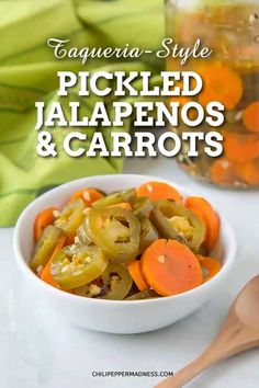 a white bowl filled with pickled jalapenos and carrots