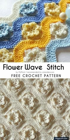 a crocheted blanket with flowers on it and the text, flower wave stitch