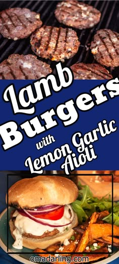 hamburgers with lemon garlic aidi on top and grilled vegetables in the background