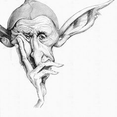 a pencil drawing of an old man holding his hand up to his face and looking at the camera