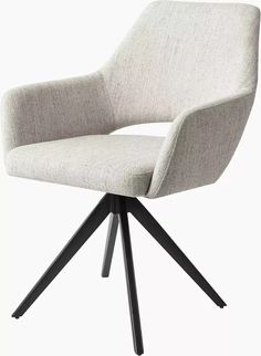 an upholstered chair with black legs and a light gray fabric seat, viewed from the front