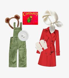 the doll is wearing overalls and a red coat with a white scarf around it's neck