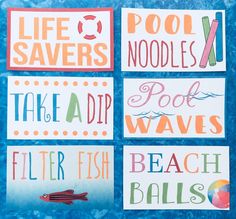 four different types of stickers on a blue background with the words life savers, noodles, take a dip, pool waves, filter fish, and beach balls