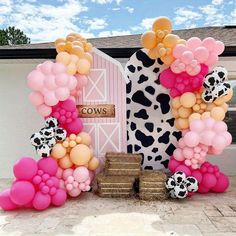 a cow themed birthday party with balloons