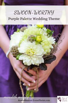 a bridesmaid holding a bouquet of white and green flowers in her hands,