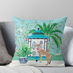 a cheetah in front of a gazebo surrounded by plants and trees throw pillow