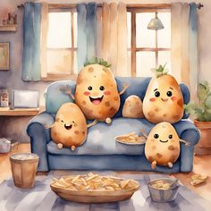 three potatoes sitting on a blue couch in front of a window