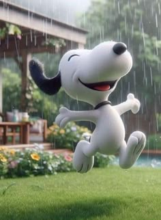 a cartoon dog is jumping in the rain with his tongue out and eyes open,