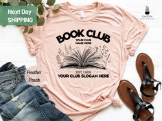 "Personalized Book Club Shirt, Custom Book Shirt, Customized Book Club, Reading Club Shirt, Custom Name Book Gift ORDERING: 1. Review all photos 2. Choose Size and Color from drop-down menu 3. If personalization box is available, add your text color 4. Add each shirt to cart one at a time 5. Click \"Add to Cart\" - you can go back to add more products 6. Click \"Proceed to Checkout\" 7. Add note to seller for any requests * We use several different brand shirts, all of them are premium quality a Book Club Tshirt Ideas, Book Club Shirt, Book Club Shirt Ideas, Reading Club, Book Shirts, Custom Book, Club Shirts, Mens Long Sleeve Tee, Personalized Books