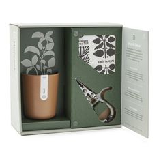 an opened box with scissors, potted plant and other items