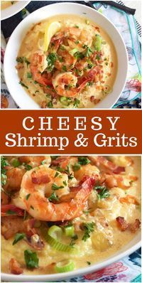 cheesy shrimp and grits in a white bowl on a colorful tablecloth