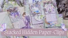 altered hidden paper clippings with purple flowers and butterflies on them are great for scrapbook pages