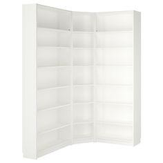 an open white bookcase with shelves on each side