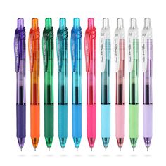 six different colored pens lined up next to each other