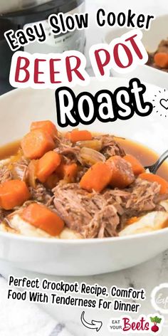 a bowl of beef pot roast with carrots and potatoes