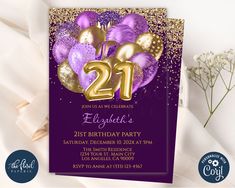 purple and gold 21st birthday party card with balloons, confetti and streamers