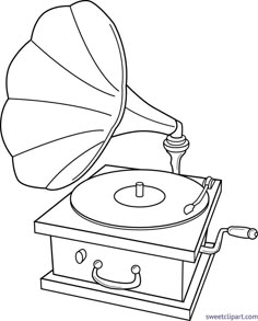 an old fashioned record player with a horn on it's side, in black and white