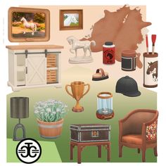 there are many things in this room to be seen on the tv screen, including hats, vases, and other items