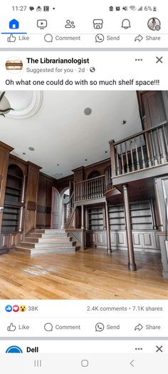 an empty room with stairs and bookshelves on the walls is featured in this instagram