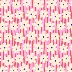 a pink and white flower pattern with blue dots