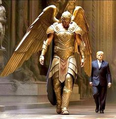 two men in suits are walking down the street with gold wings on their body and head