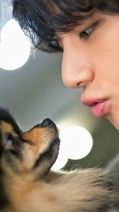 a young man is kissing his dog's nose with bright lights in the background