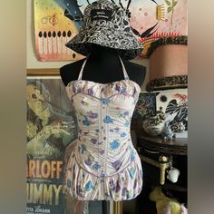 Vintage 40s / 50s Bombshell Smocked Playsuit Swimsuit. Barely Used And Plenty Of Life Left To This Piece. The Base Is Baby Pink And Theres Blue And Purple Mushrooms Throughout Eg Bloomer Bottoms, Best For A Small But Theres Lots Of Room Due To The Back Xs-M I Wouldnt Go Passed 29 Inch Waist 50s Bombshell, Purple Mushrooms, Vintage Romper, Vintage Swimsuit, Blue Pink Purple, Vintage 40s, Playsuit, Baby Pink, Womens Swim