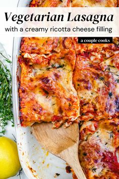 vegetarian lasagna with creamy ricotta cheese filling in a casserole dish