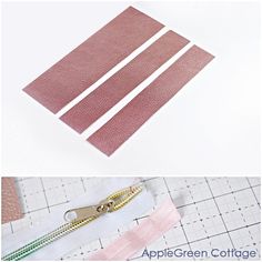 two pictures showing how to cut leather strips with scissors and tape on the same side