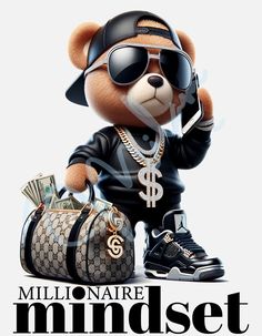 a teddy bear wearing sunglasses and holding a cell phone next to a suitcase with money in it