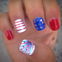 Red White And Royal Blue Nails, 4th July Nails, Summer Art Ideas, Red White And Blue Nails, 4th Nails, Patriotic Nail, Firework Nails, Patriotic Nails, Opi Nail Colors