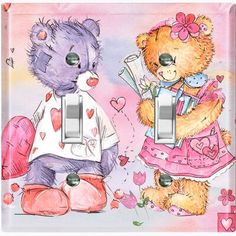 two teddy bears sitting next to each other in front of a light switch cover with hearts