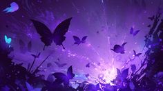 purple butterflies flying in the night sky