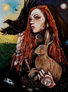 a painting of a woman with dreadlocks holding a rabbit in front of her face