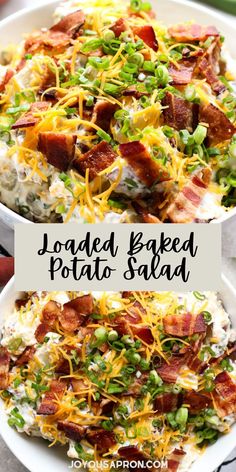 loaded baked potato salad with bacon, cheese and green onions in a white serving dish