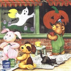 three stuffed animals dressed up as halloween characters