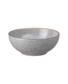 a white and grey bowl with gold trimmings on the rim, against a white background