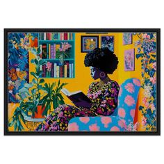 a painting of a woman sitting in a chair with a book and potted plant