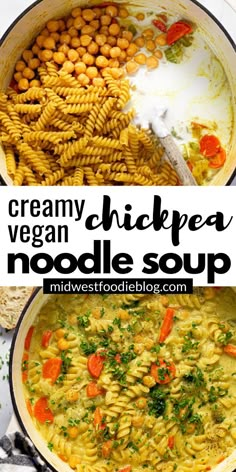 creamy vegan chickpea noodle soup in a pot