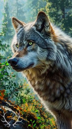 a wolf standing in the middle of a forest