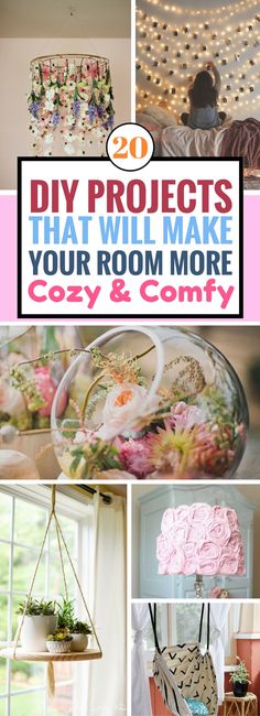 many different pictures with the words diy projects that will make your room more cozy and comfy