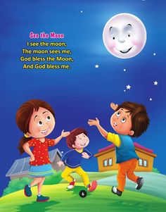 two children are playing in the grass with a moon above them and an image of a house